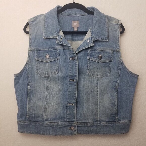J.Jill Denim Trucker Vest Women L Cotton Blend Wash Blue Distress Pockets - Picture 1 of 13